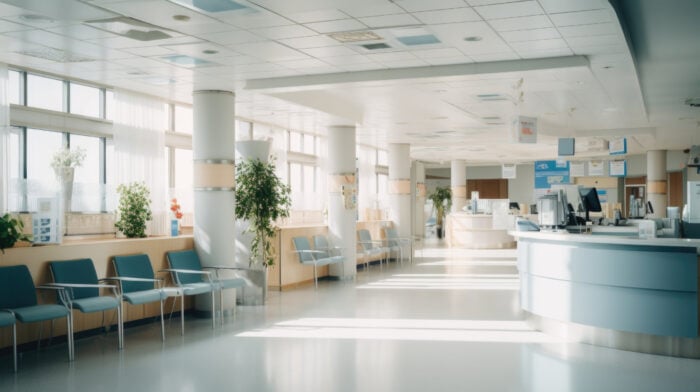 Bright, modern hospital waiting area with rows of blue chairs, indoor plants, large windows, and a reception desk.