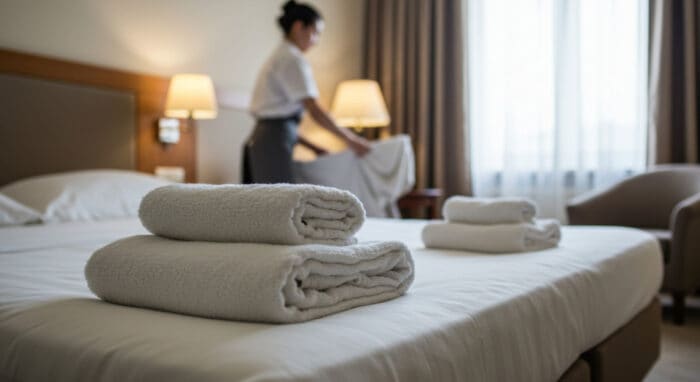 A hotel staff member makes a bed in a tidy room with neatly folded towels placed on the bed, and natural light coming through the window.