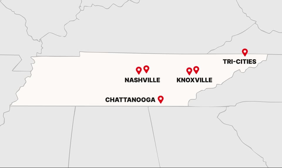 Map of Tennessee highlighting the locations of Nashville, Knoxville, Chattanooga, and Tri-Cities with red location pins.