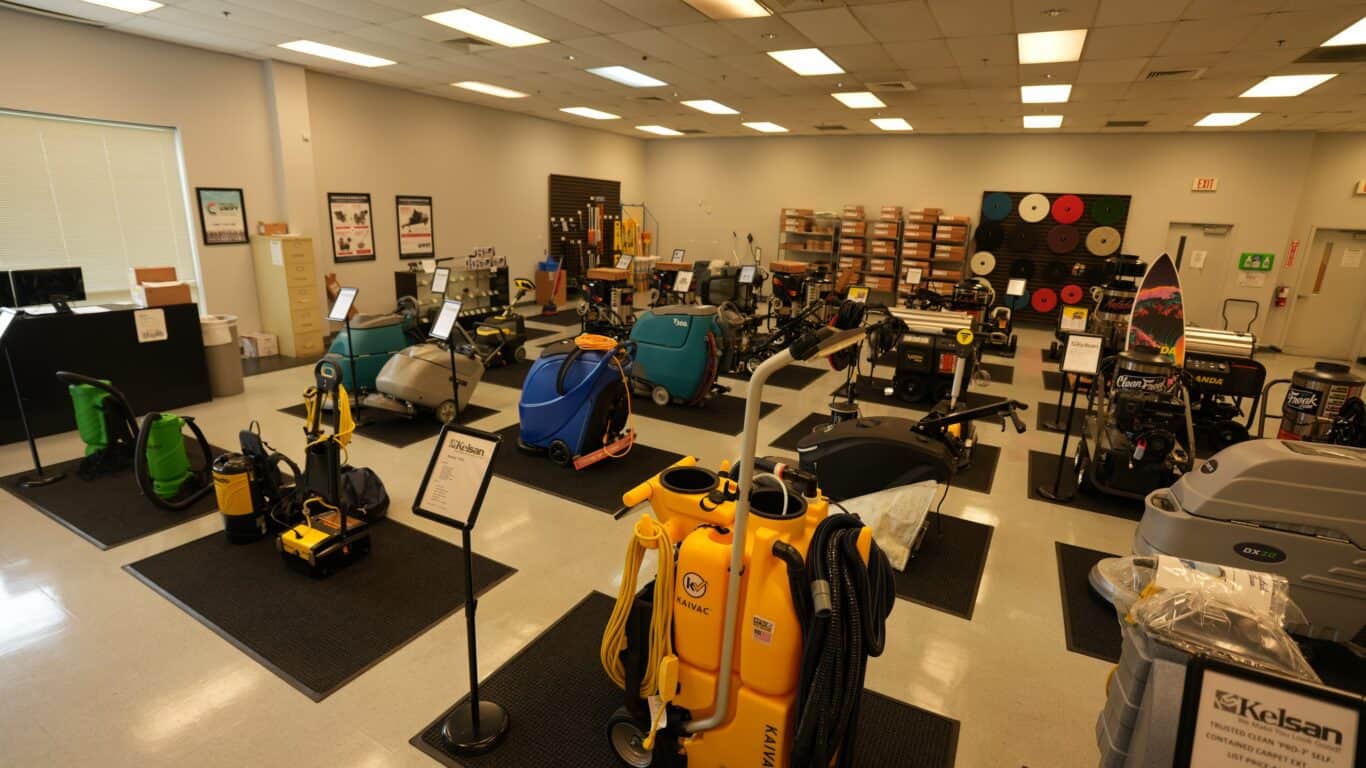 Showroom with various commercial cleaning machines and equipment on display, including floor scrubbers, vacuums, and cleaning supplies, arranged in a well-lit, organized space.