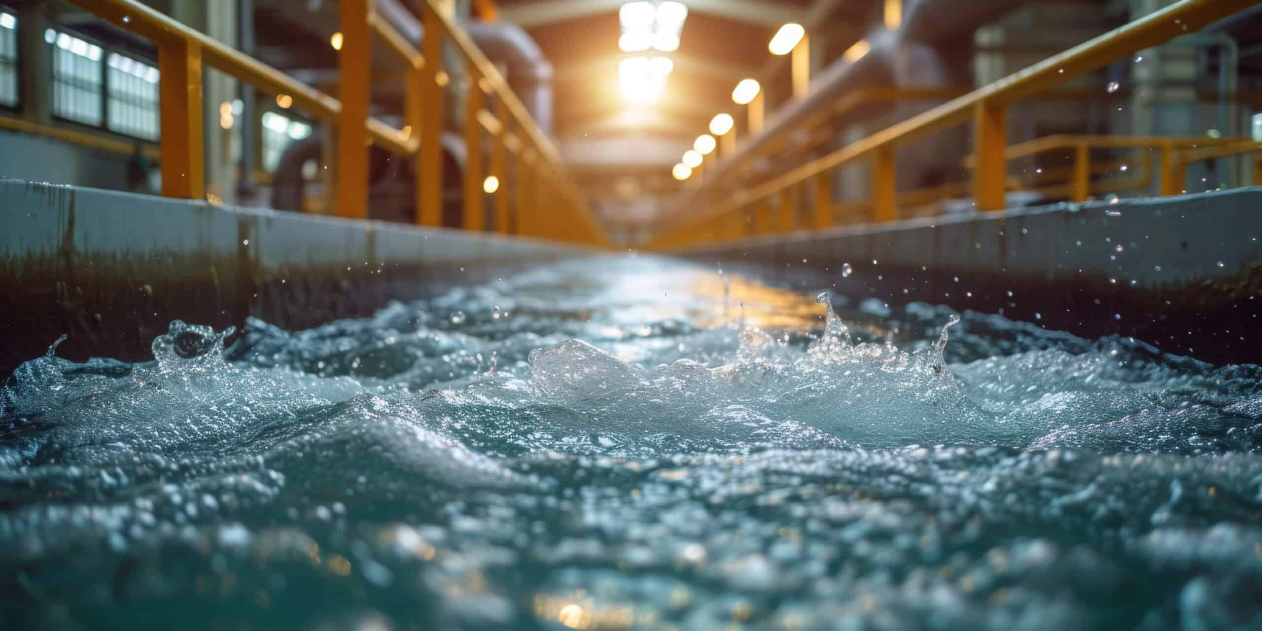 Turbulent water flows through an indoor industrial channel with yellow railings and overhead lighting.