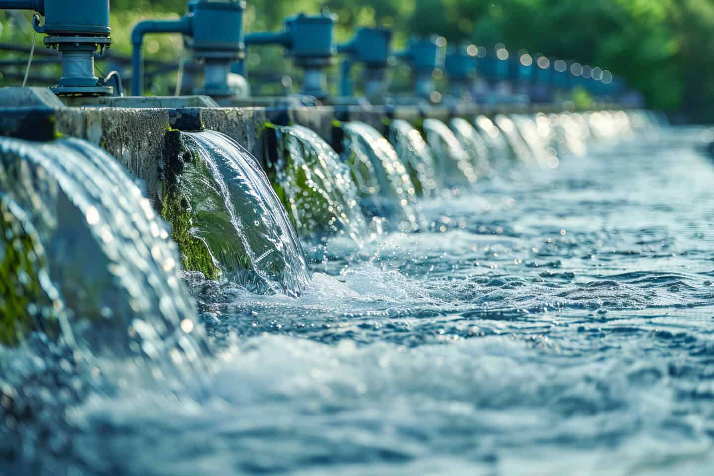 Water flows from multiple concrete spouts into a clear pool at a water treatment facility, with pipes and valves visible above the structure.
