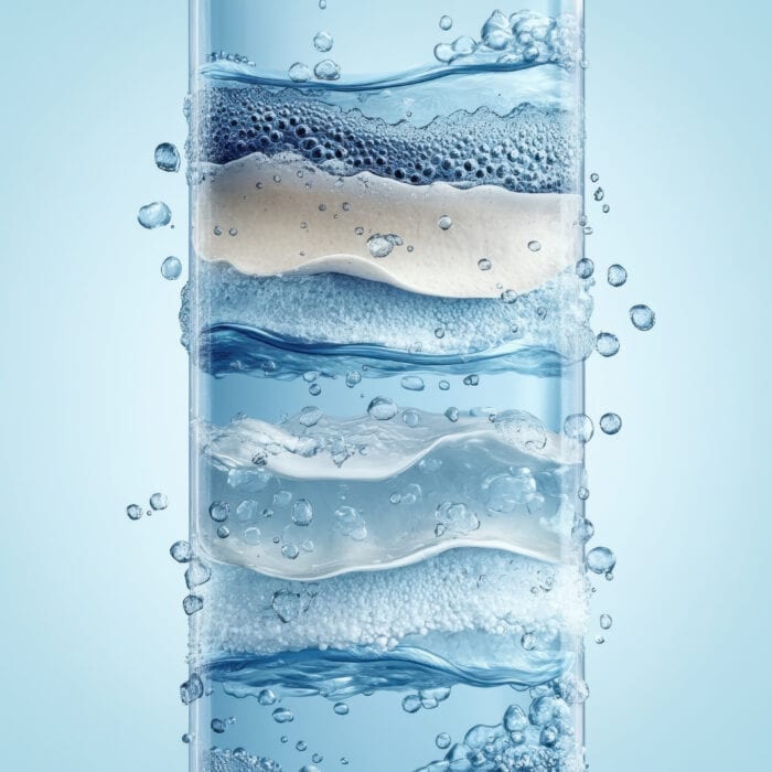 A close-up of a tall glass filled with layered clear and foamy fluids, bubbles, and splashes, all in shades of blue and white against a light blue background.