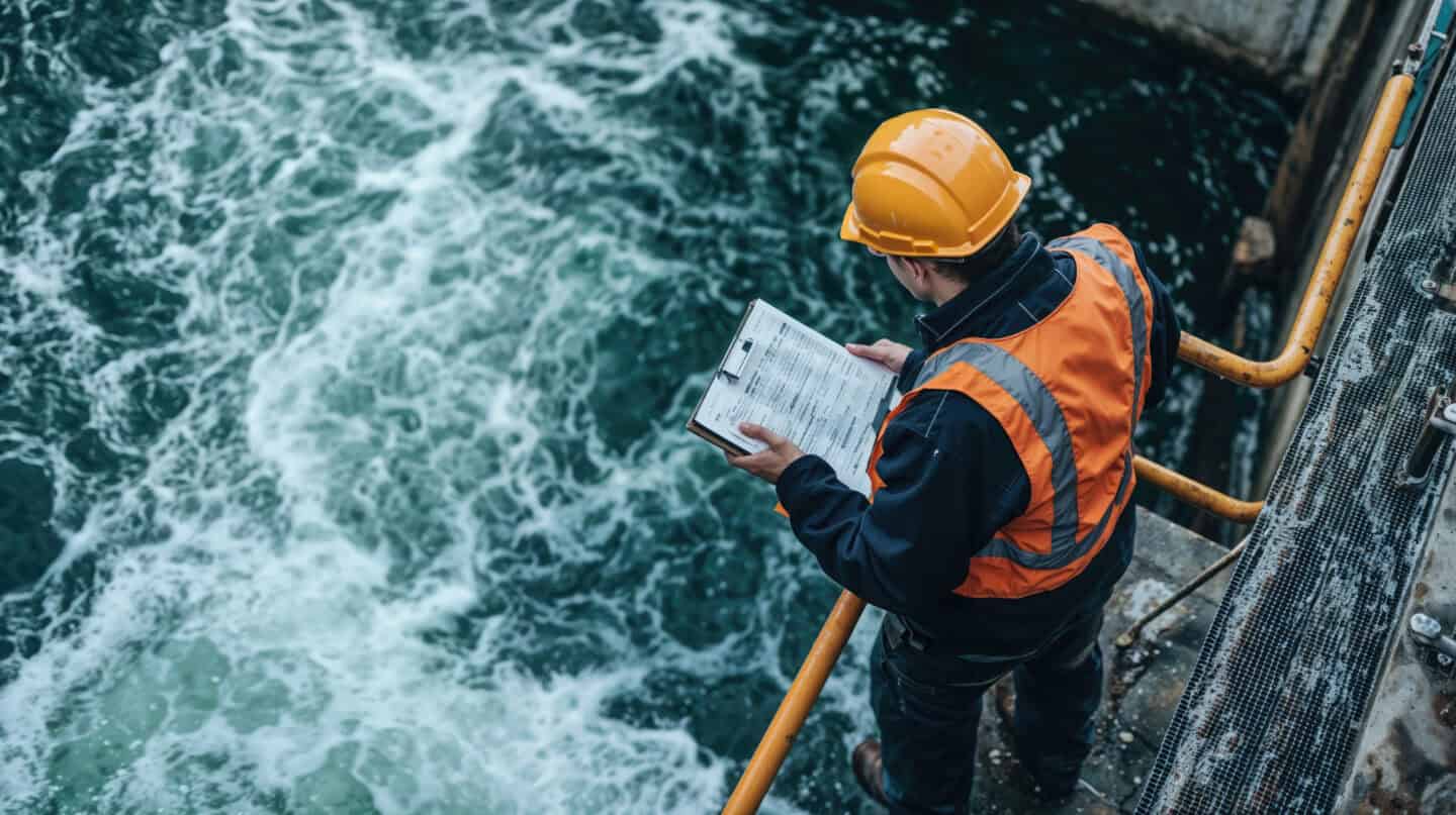 A worker in a hard hat and safety vest stands on a platform above water, holding a clipboard and looking down.